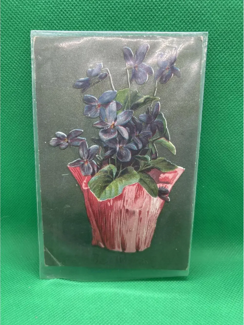 Vintage Postcard with Purple Flowers in Red Vase - Box1